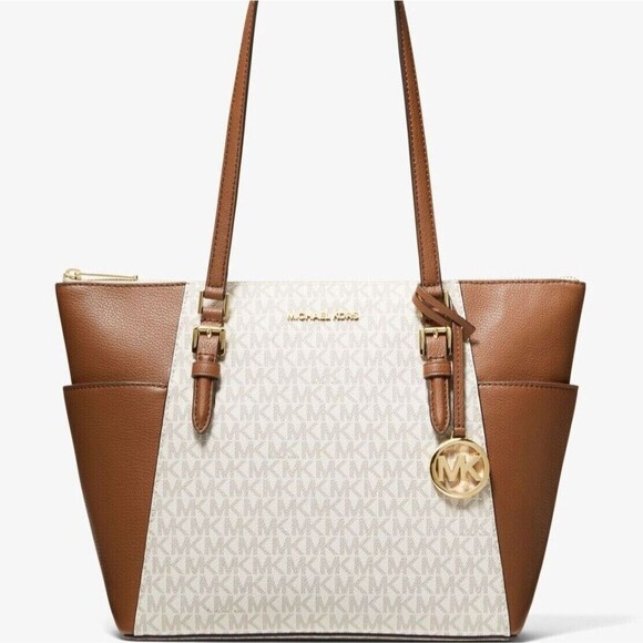 New Michael Kors Charlotte Large Shoulder Tote Signature Coated Canvas Vanilla - Picture 1 of 3